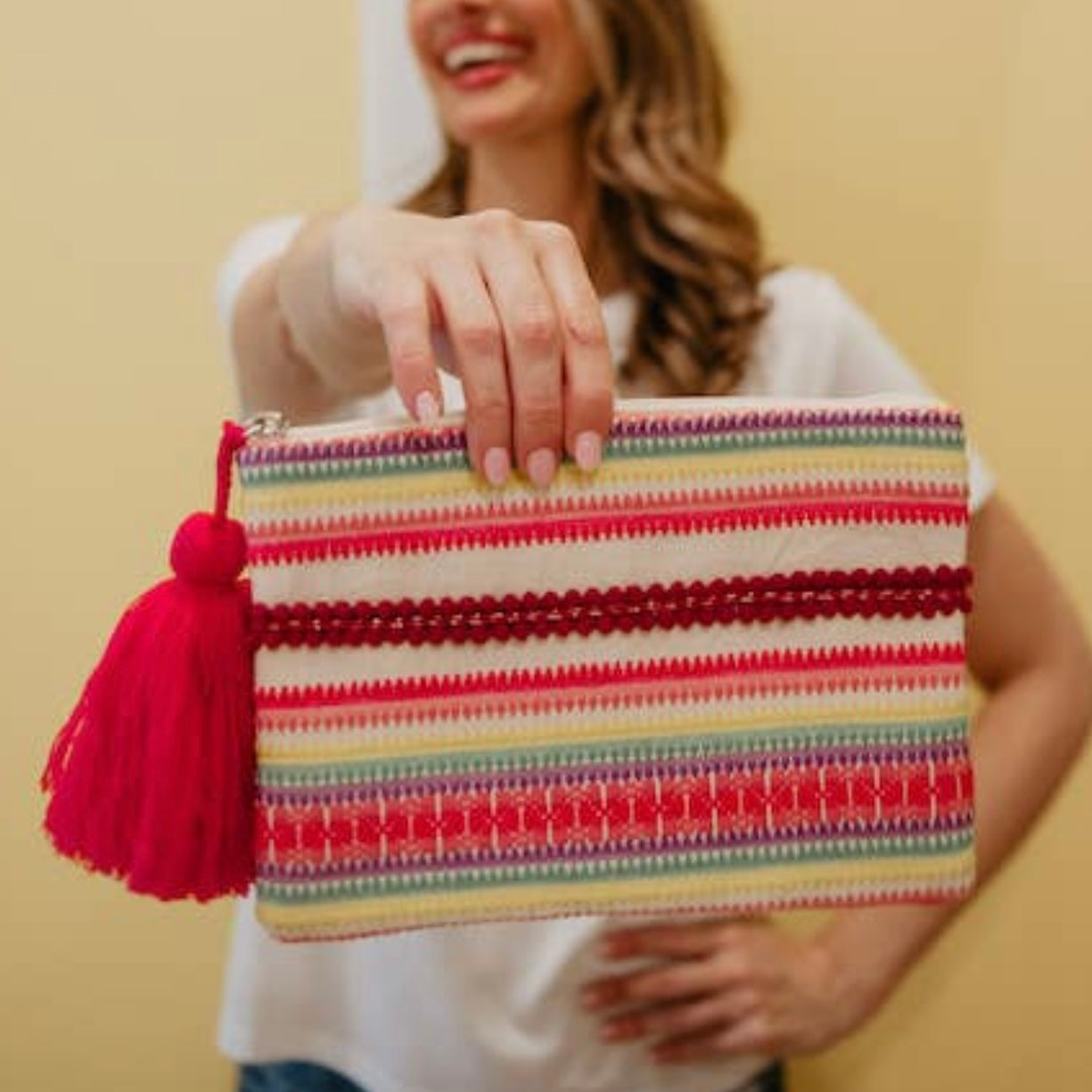 Striped Multicolored Pocket Book with Pink Tassel