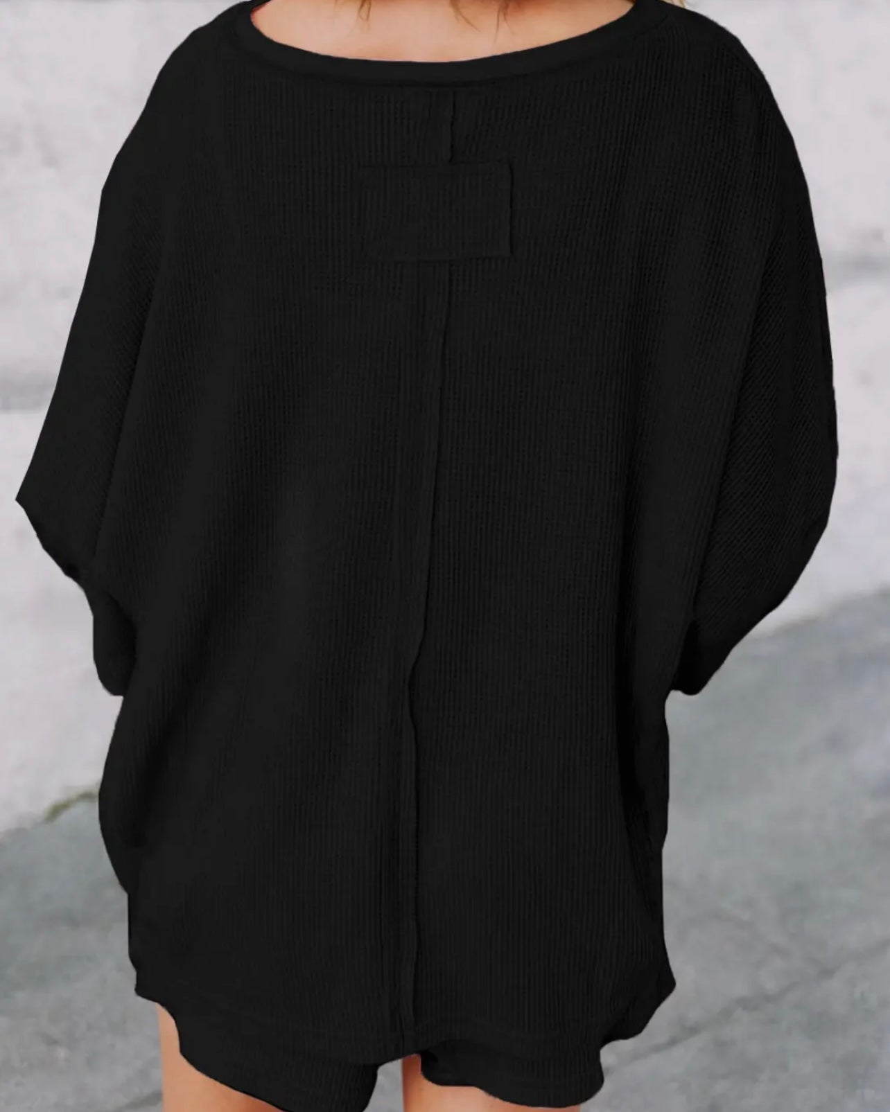 Black Waffle Knit Oversize Tee and Shorts Set