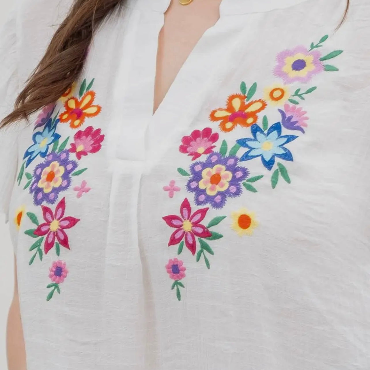 Floral Embroidery Split Neck Blouse