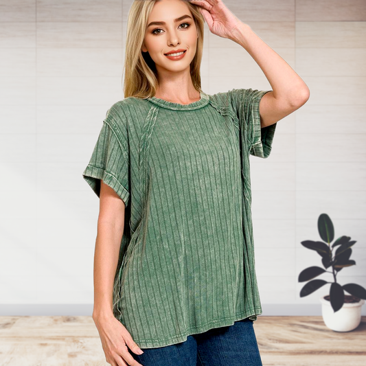 Dark Green Ribbed Raglan Top