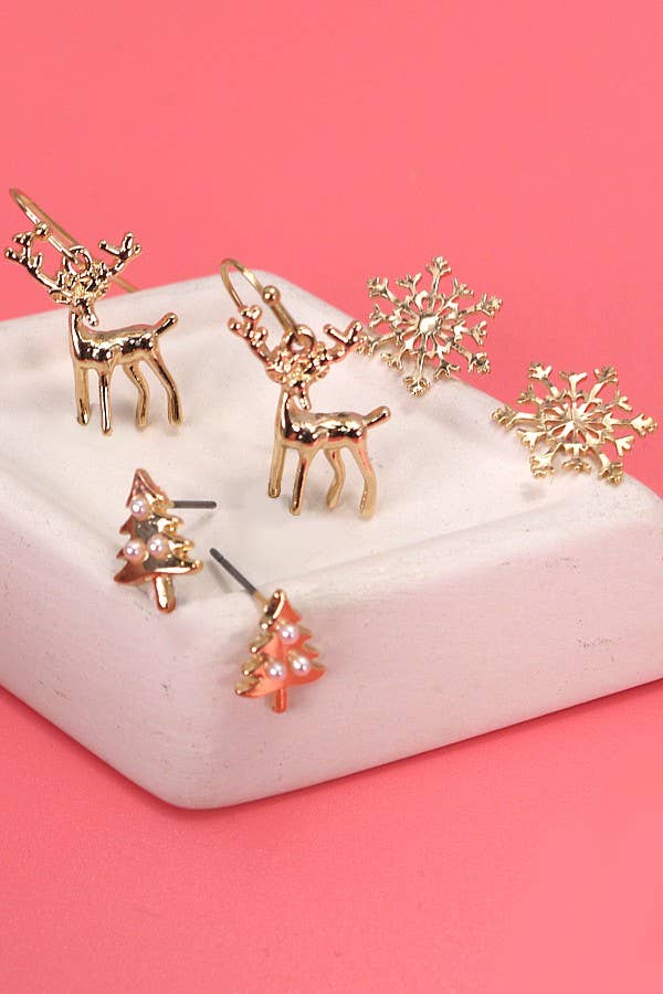 Gold Christmas Earrings Trio Set