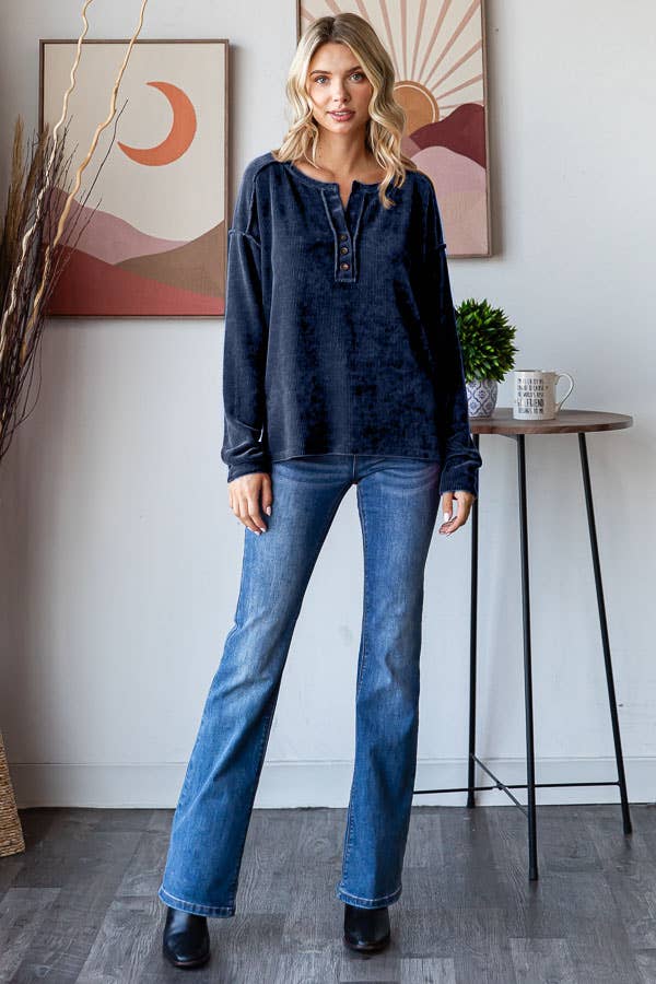 Navy Ribbed Chenille Button Down Top