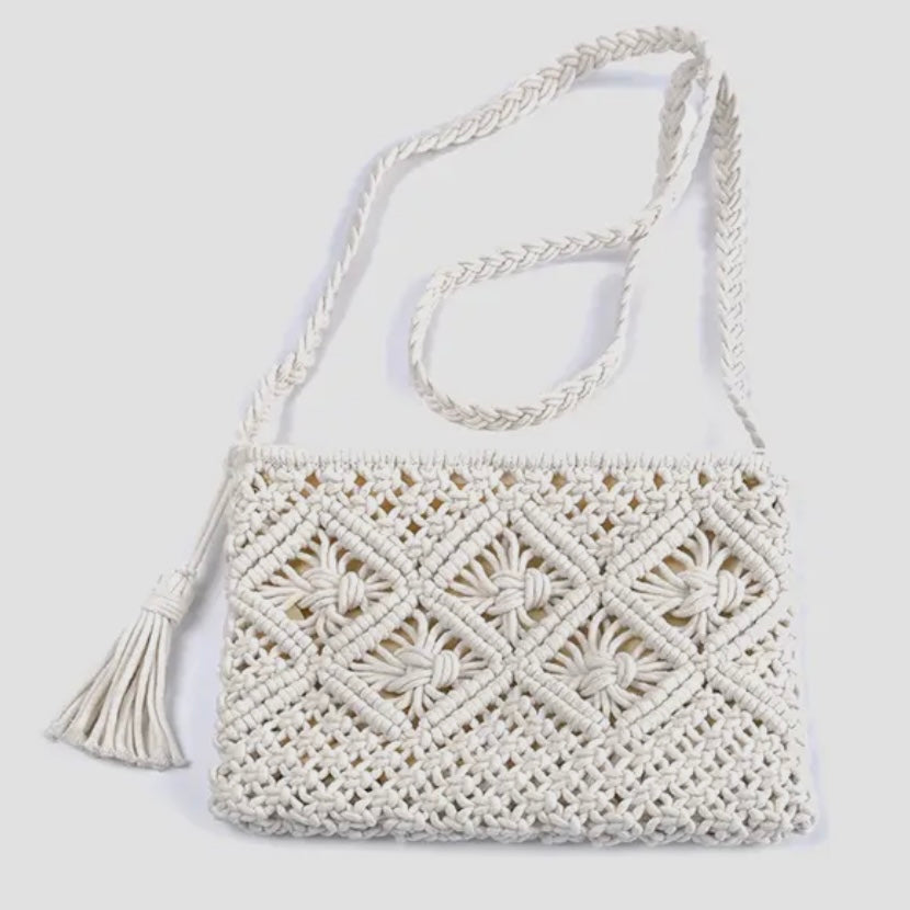 Jen & Co. Val Macrame Crossbody Bag w/ Tassel - White