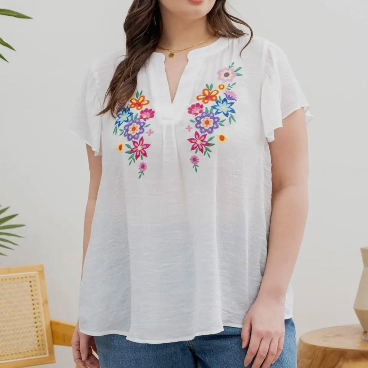 Floral Embroidery Split Neck Blouse