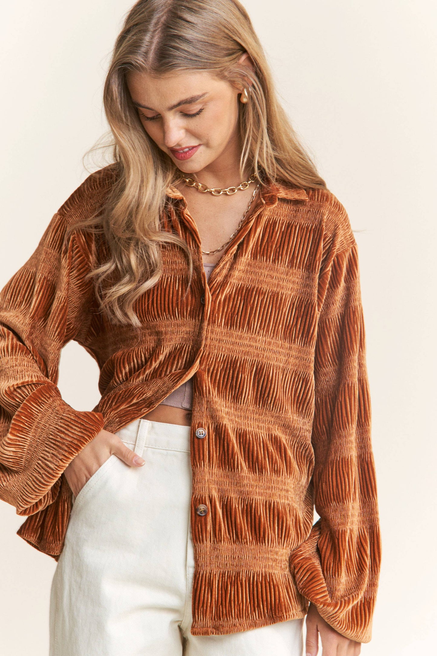 Pumpkin Spice Button Up Velvet Smocked Top