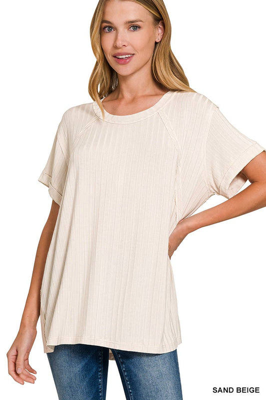 Sand Beige Ribbed Raglan Top