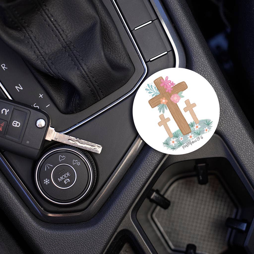 Floral Cross Matthew 28:6 Car Coaster