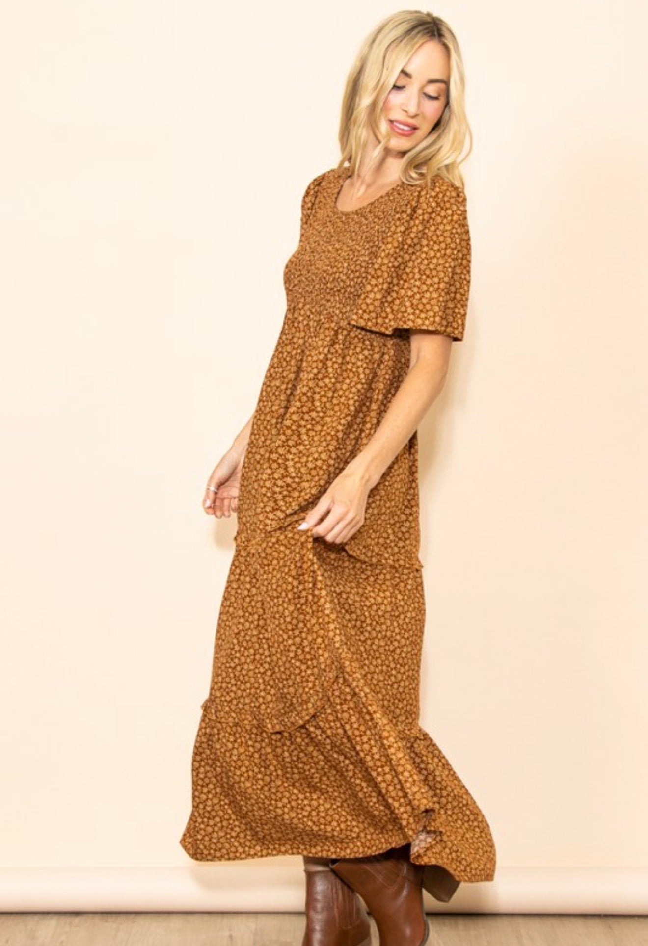 Coffee Smocked Flare Maxi Dress