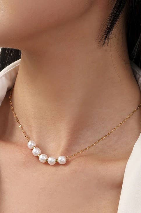 Gold Titanium Steel Non-Tarnish Classic Pearl Necklace