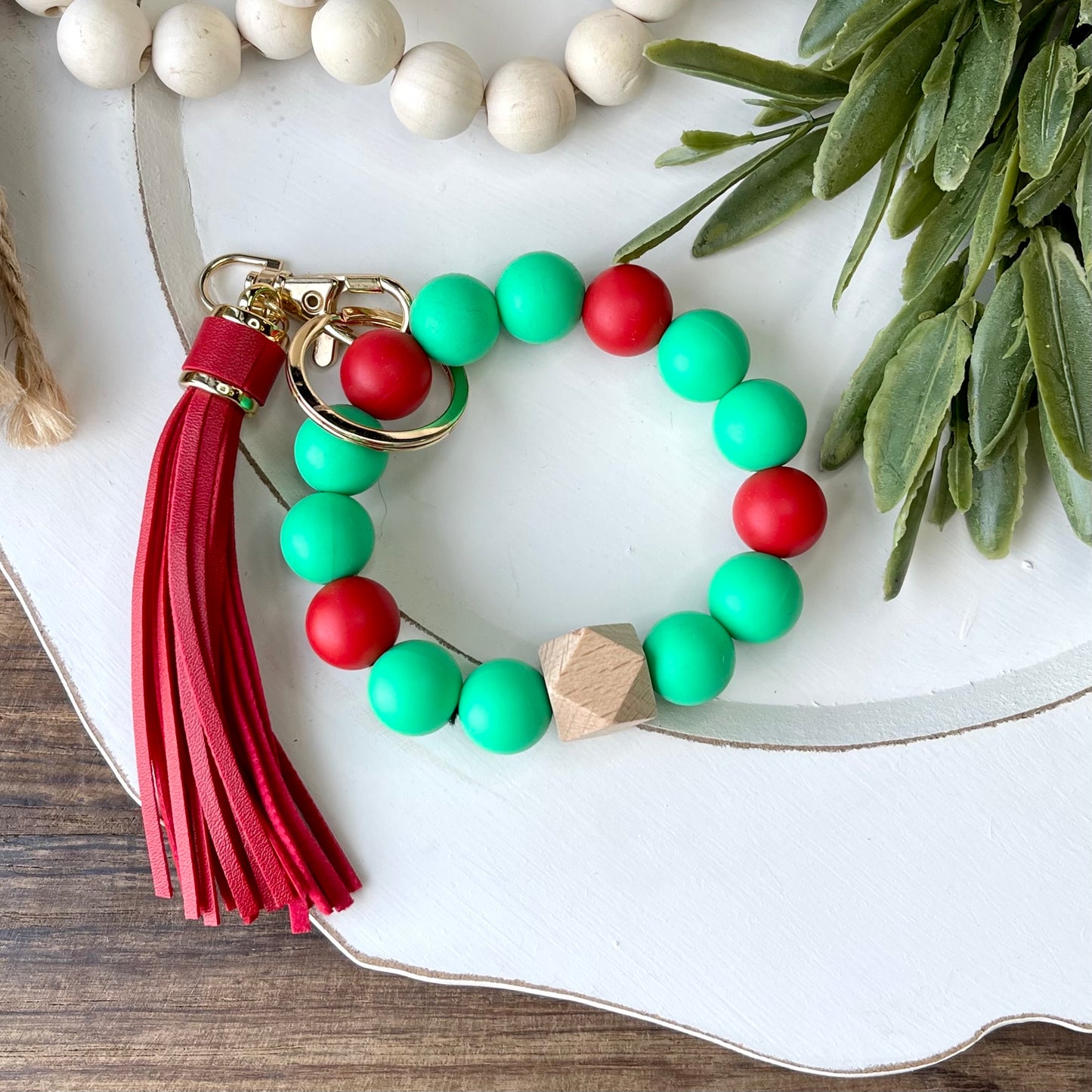 Red & Green Christmas Silicone Beaded Keychain Wristlet