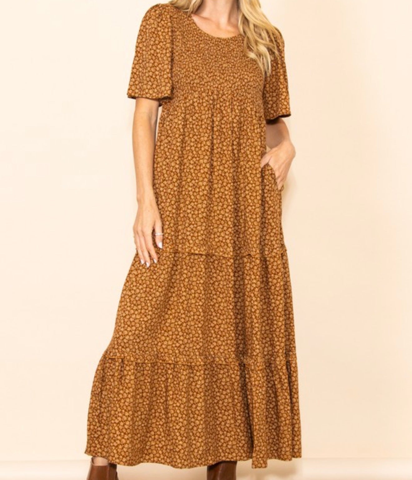 Coffee Smocked Flare Maxi Dress
