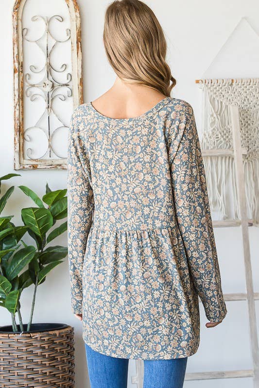 Dusty Teal Floral Babydoll Top