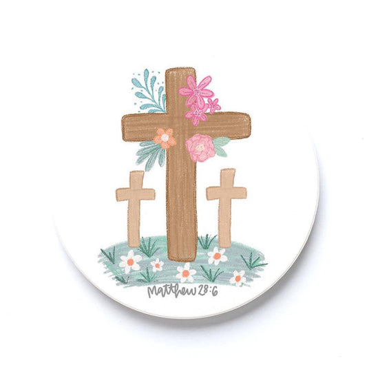 Floral Cross Matthew 28:6 Car Coaster