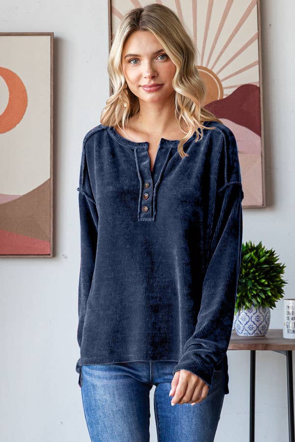 Navy Ribbed Chenille Button Down Top