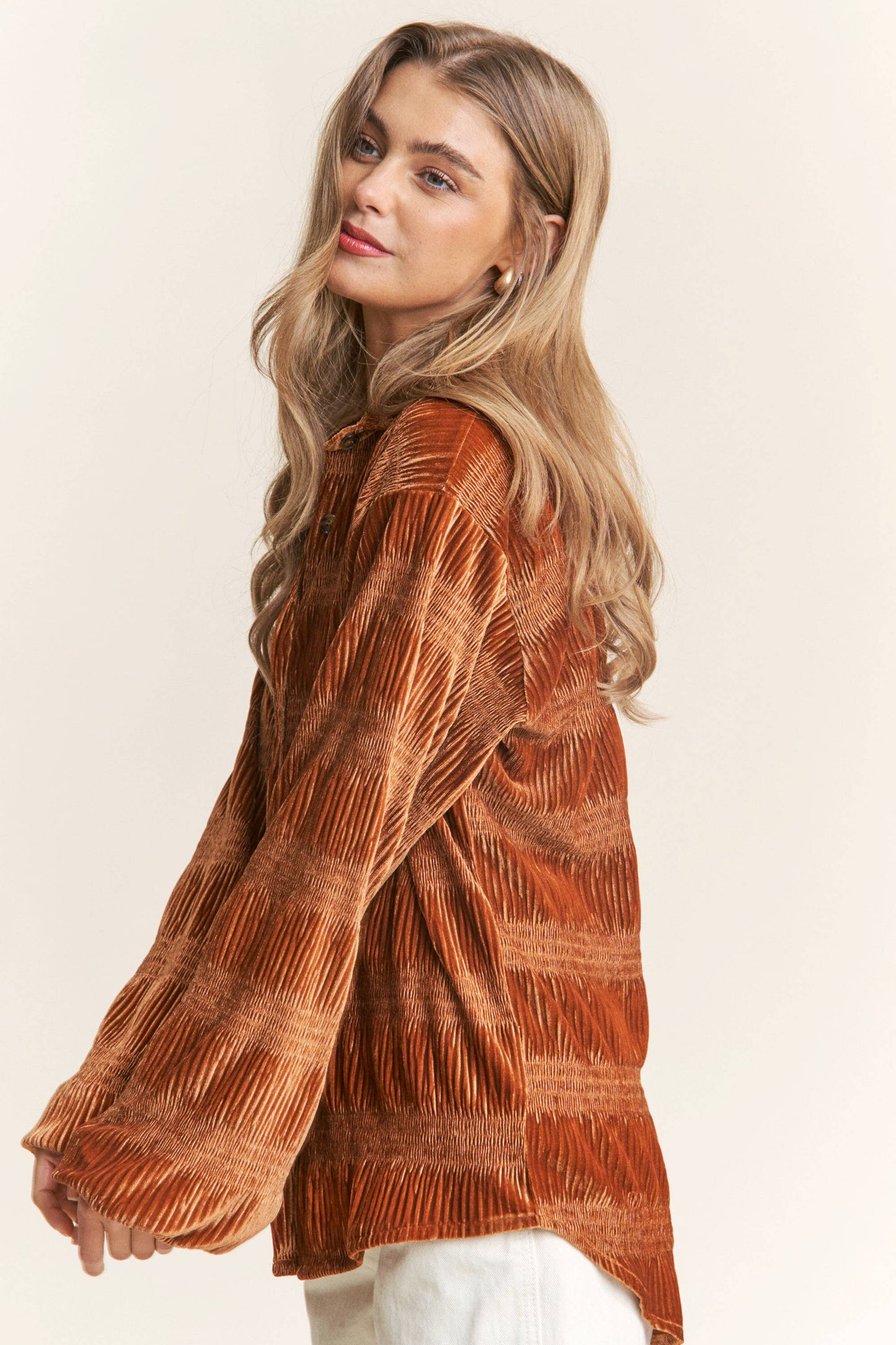 Pumpkin Spice Button Up Velvet Smocked Top