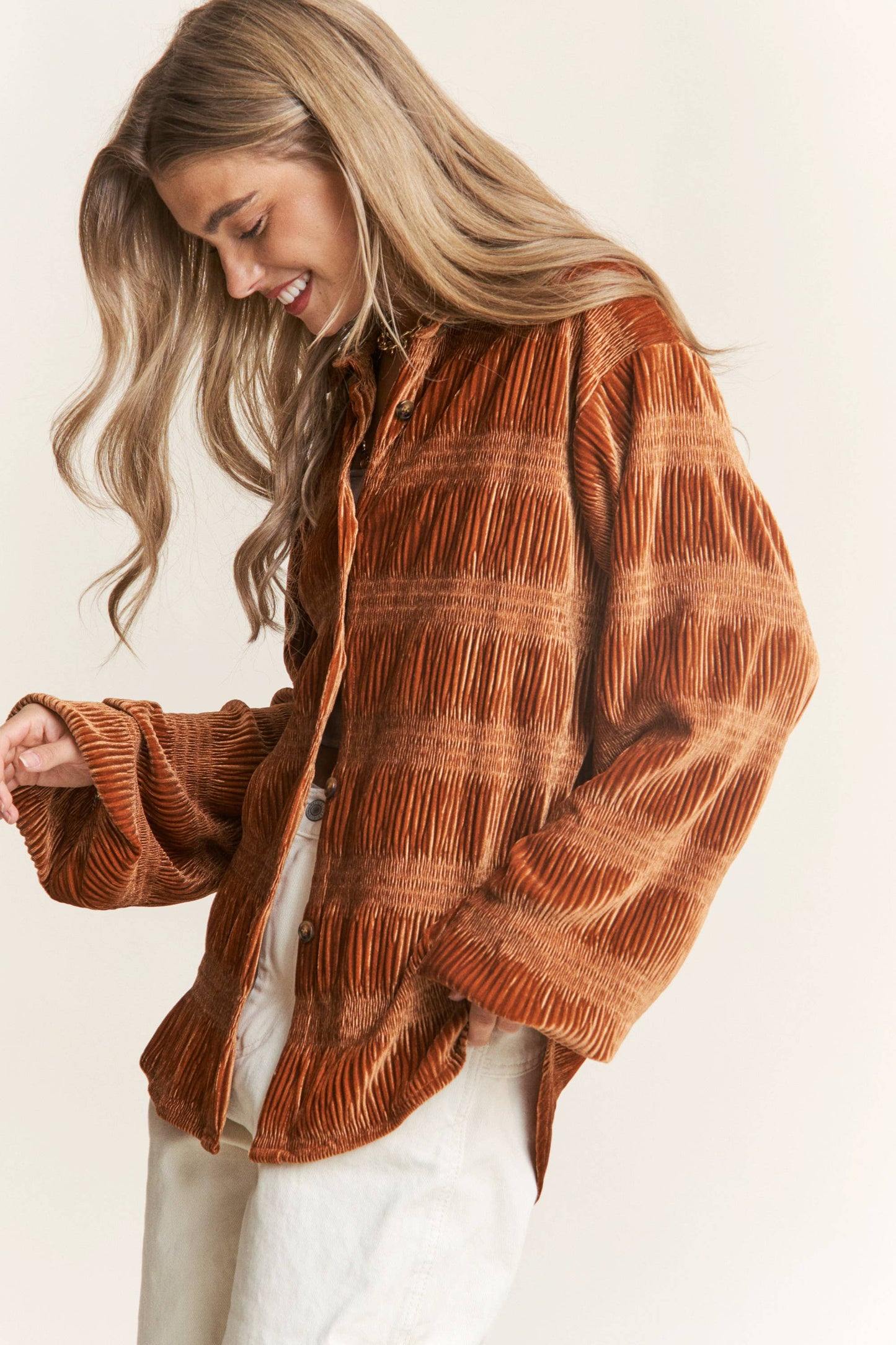 Pumpkin Spice Button Up Velvet Smocked Top