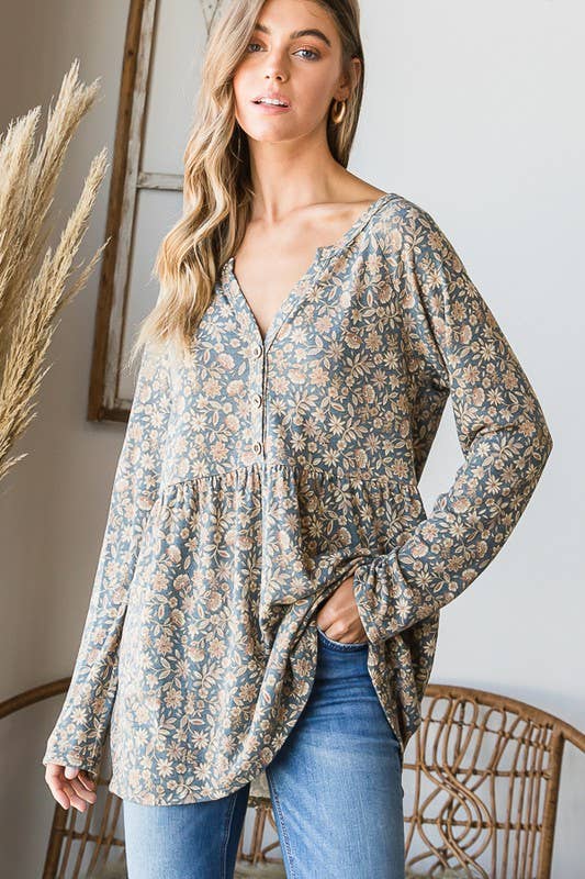 Dusty Teal Floral Babydoll Top