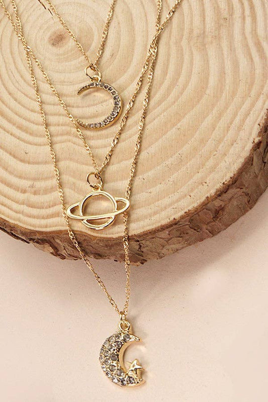 Gold Rhinestone Moon Space Necklace