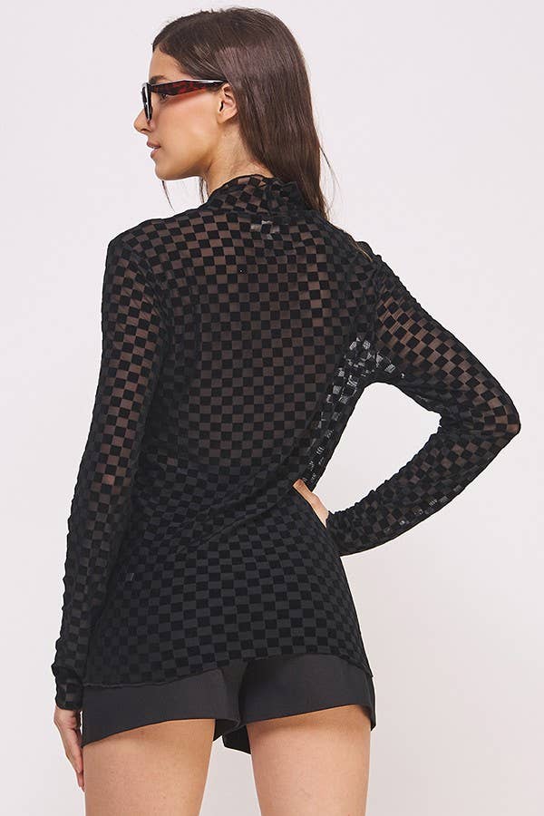 Long Sleeve Black Checkered Mesh Mock Neck Top