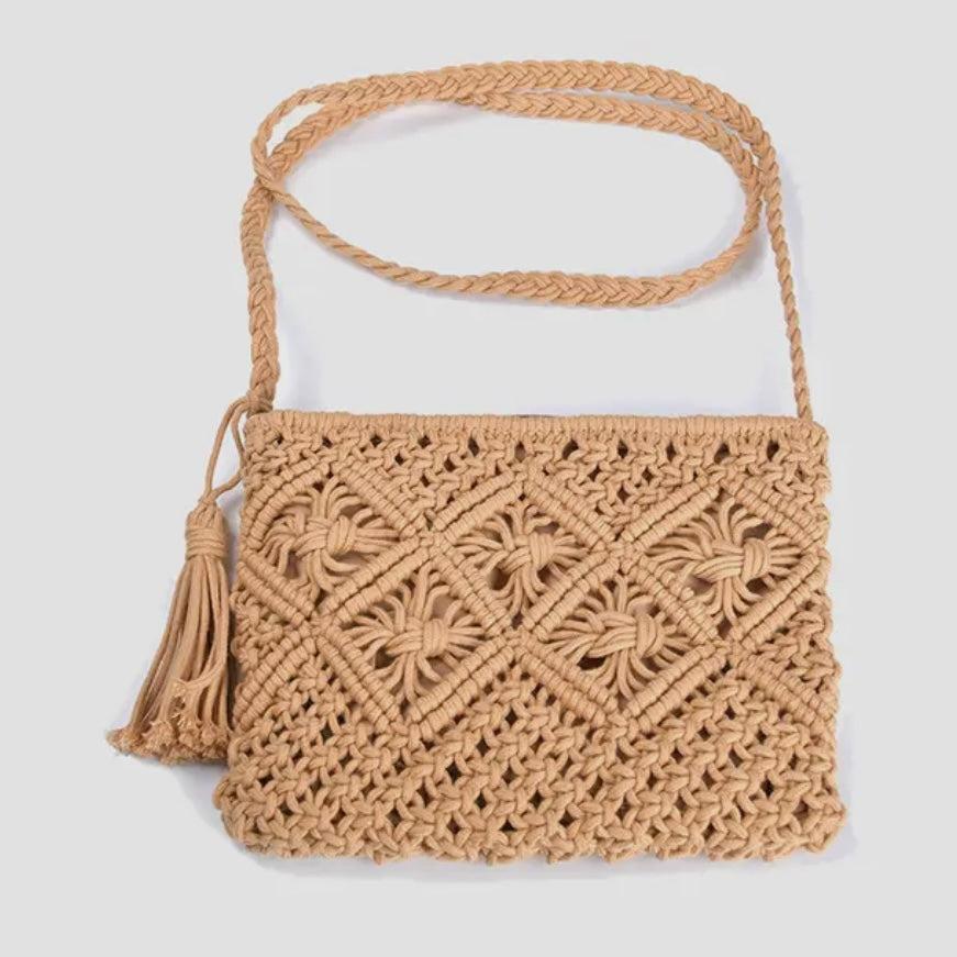 Jen & Co. Val Macrame Crossbody Bag w/ Tassel - Latte