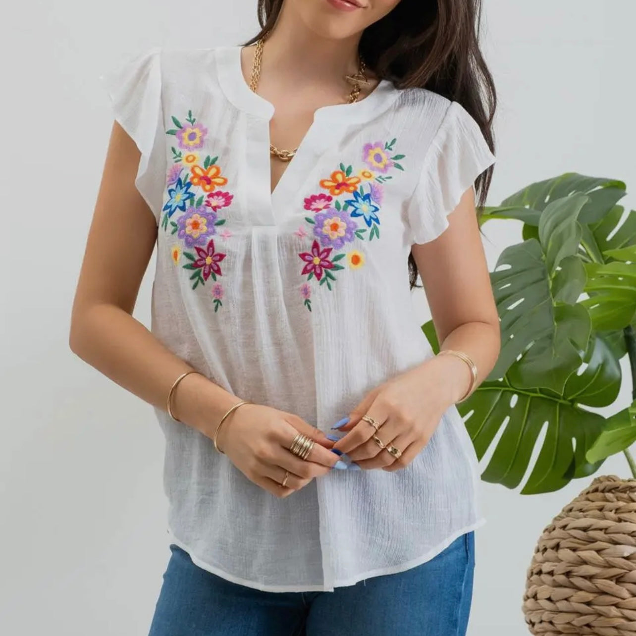 Floral Embroidery Split Neck Blouse