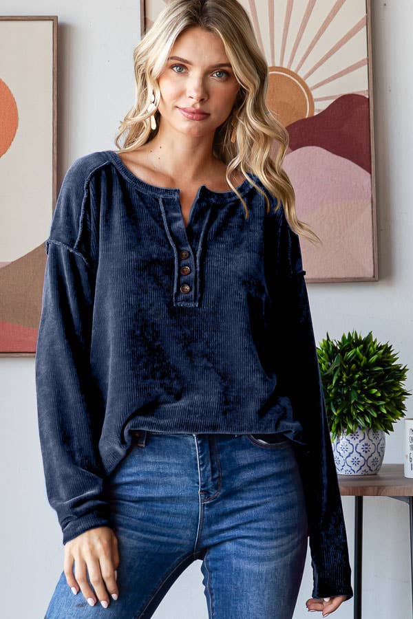 Navy Ribbed Chenille Button Down Top