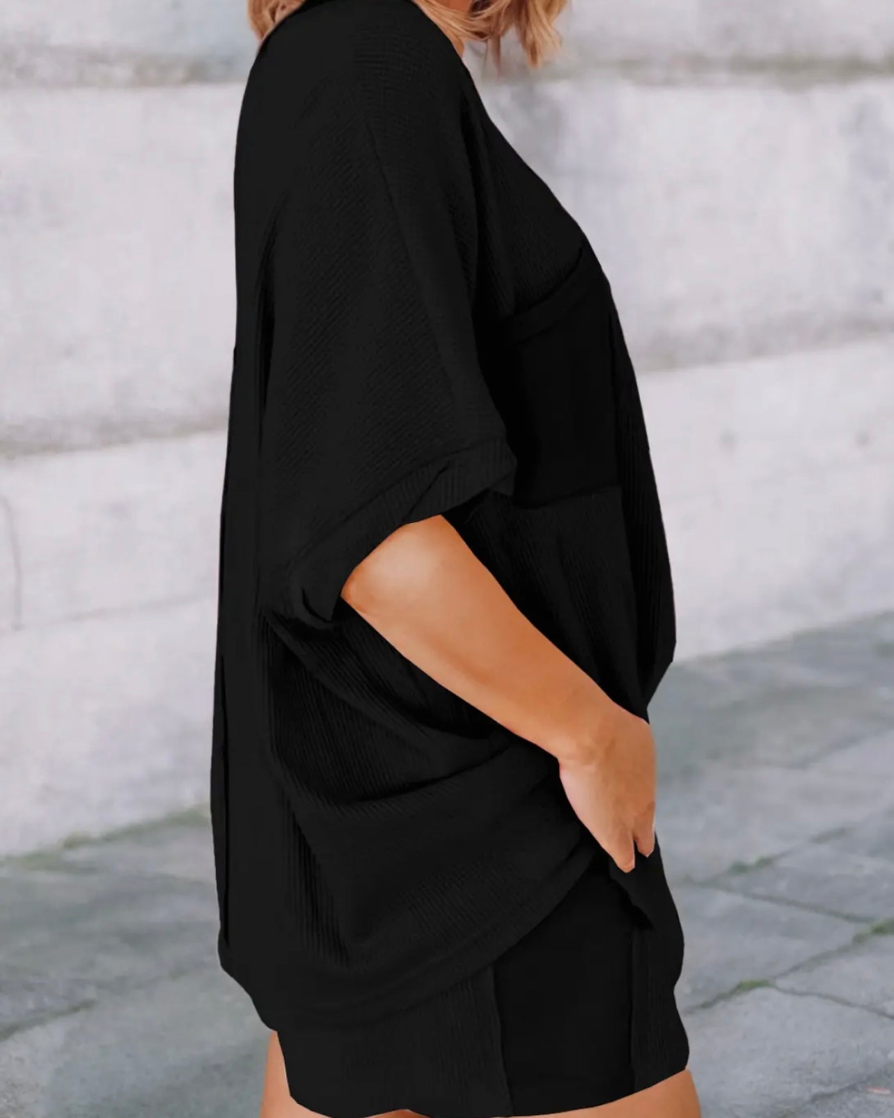 Black Waffle Knit Oversize Tee and Shorts Set