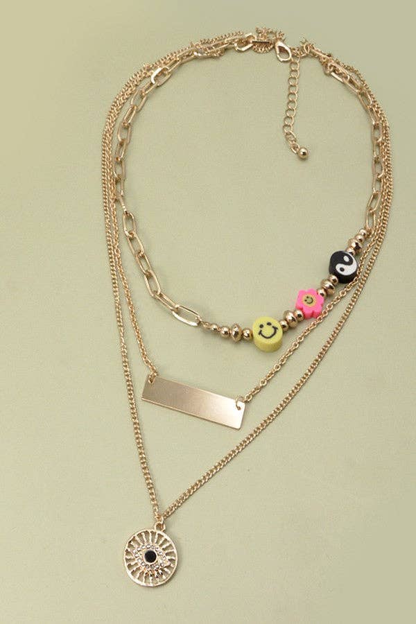 Gold Trio Layer Eye & Charm Necklace