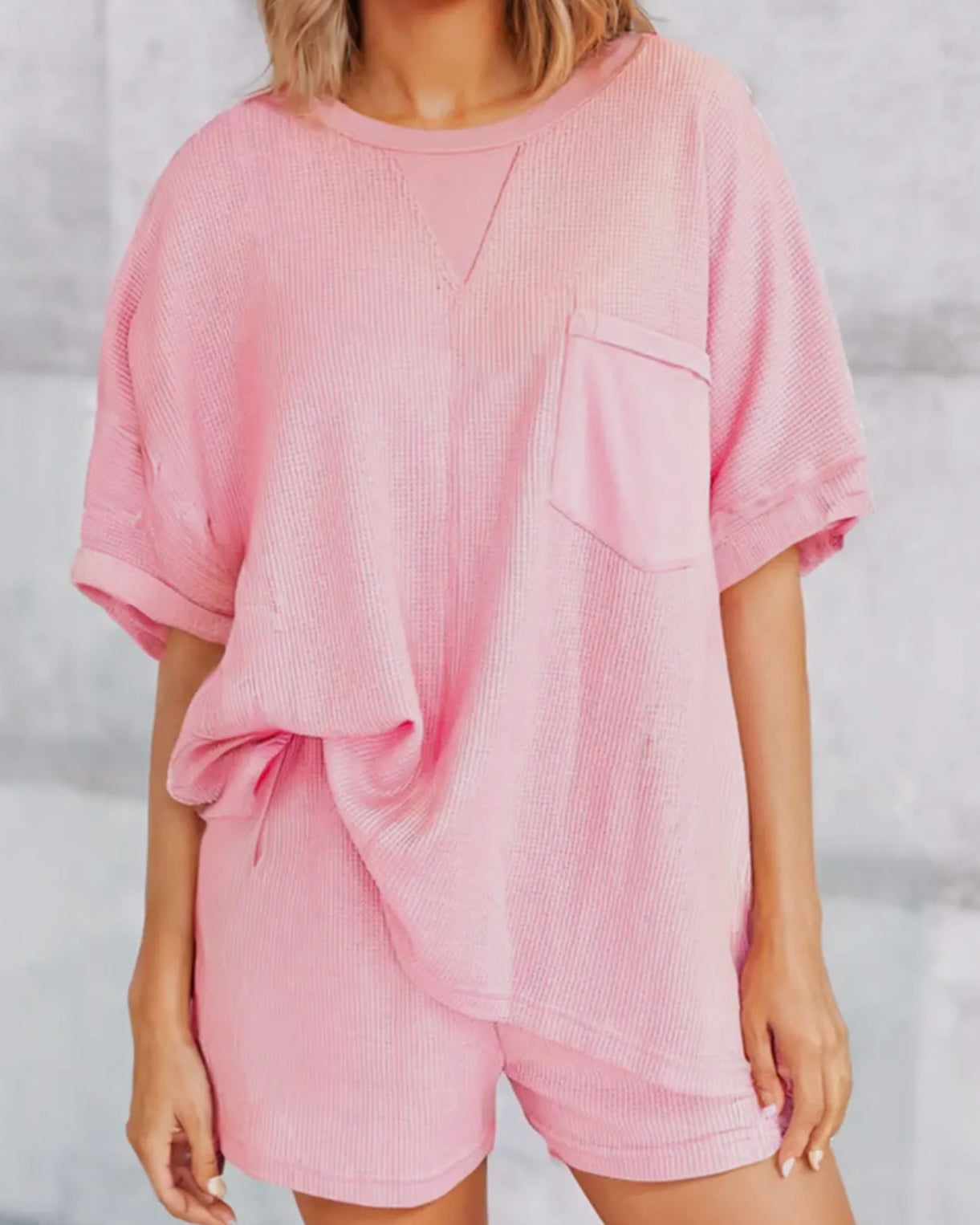 Light Pink Waffle Knit Oversize Tee and Shorts Set