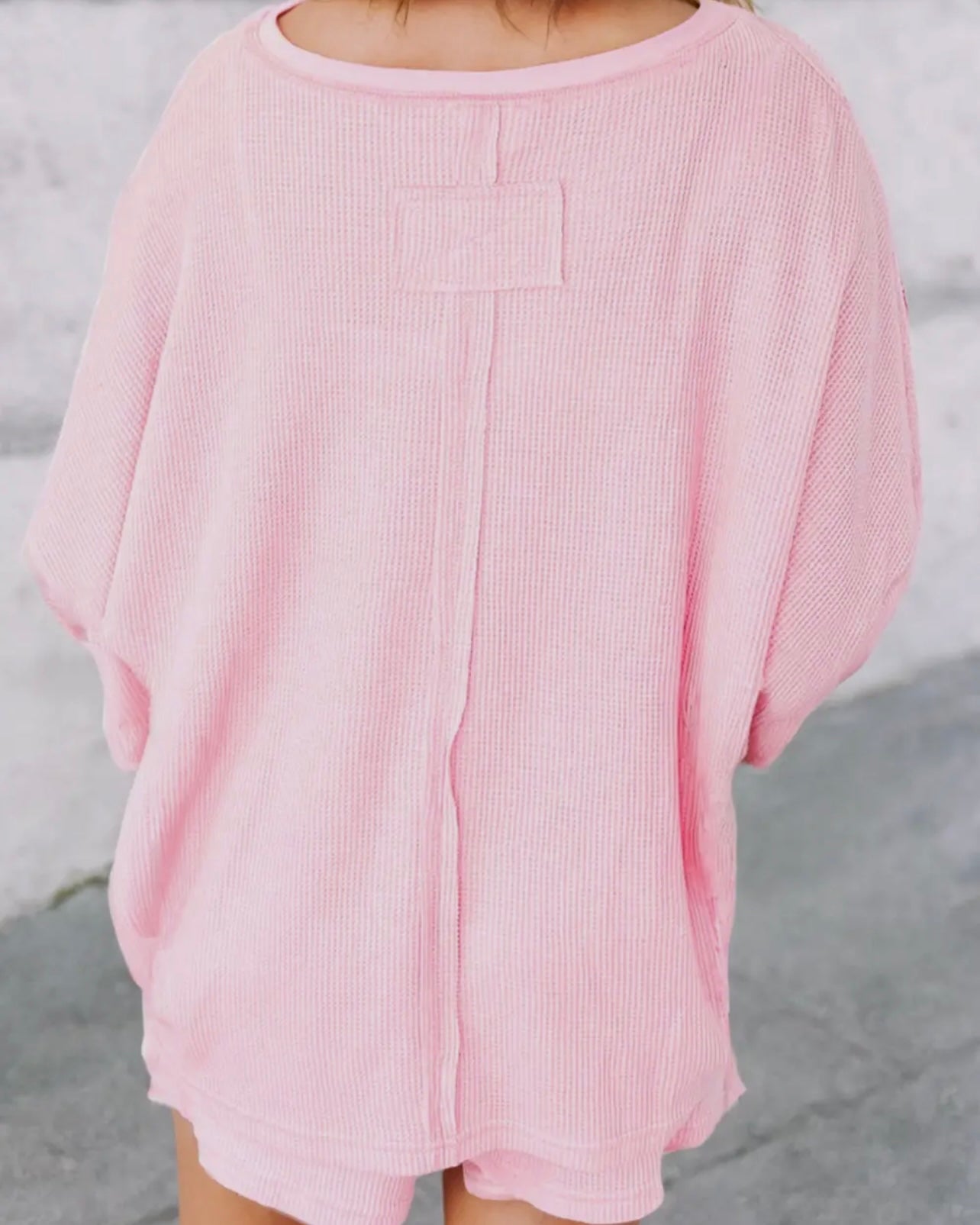 Light Pink Waffle Knit Oversize Tee and Shorts Set