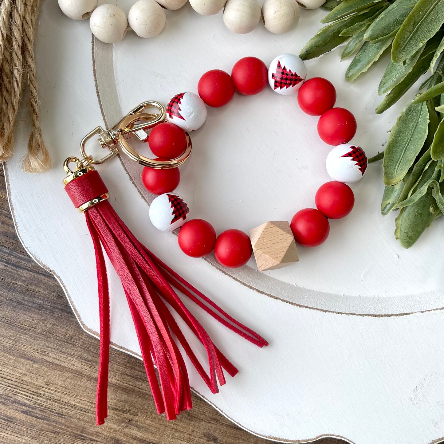 Plaid Tree Silicone Beaded Keychain Wristlet - Red & White