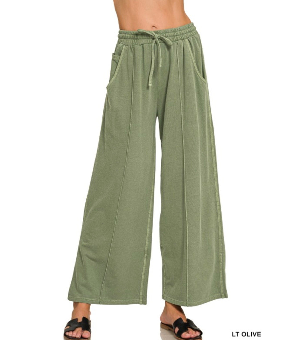 French Terry Wide Leg Pants - Lt Olive