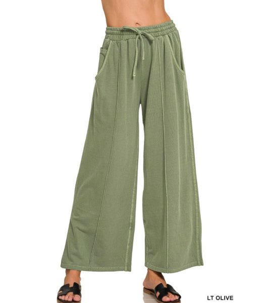 French Terry Wide Leg Pants - Lt Olive