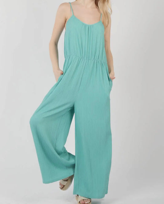 Sea Foam Woven Wide Leg Cami Jumpsuit