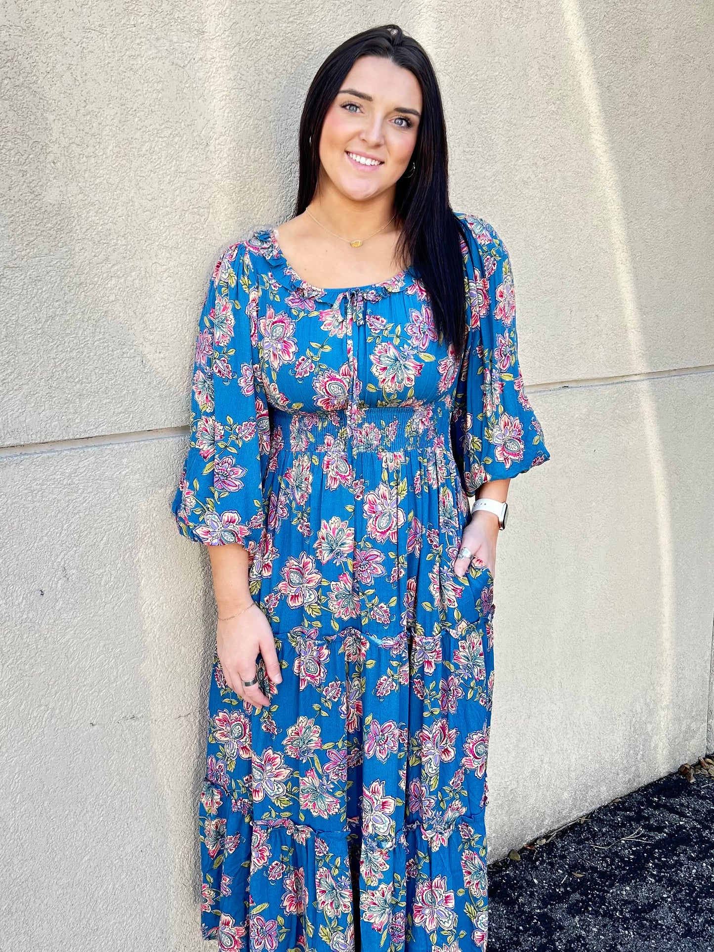 Teal Floral Printed Rayon Gauze Maxi Dress