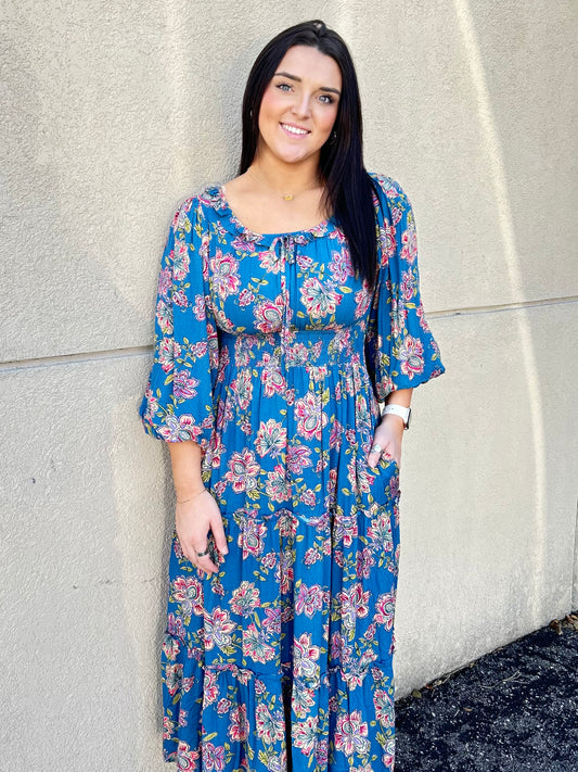 Teal Floral Printed Rayon Gauze Maxi Dress