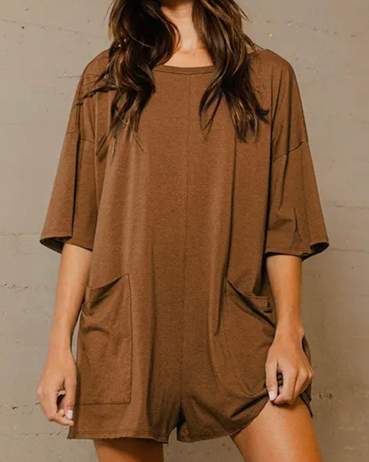 Ginger Crew Neckline V-Back Oversized Solid Romper