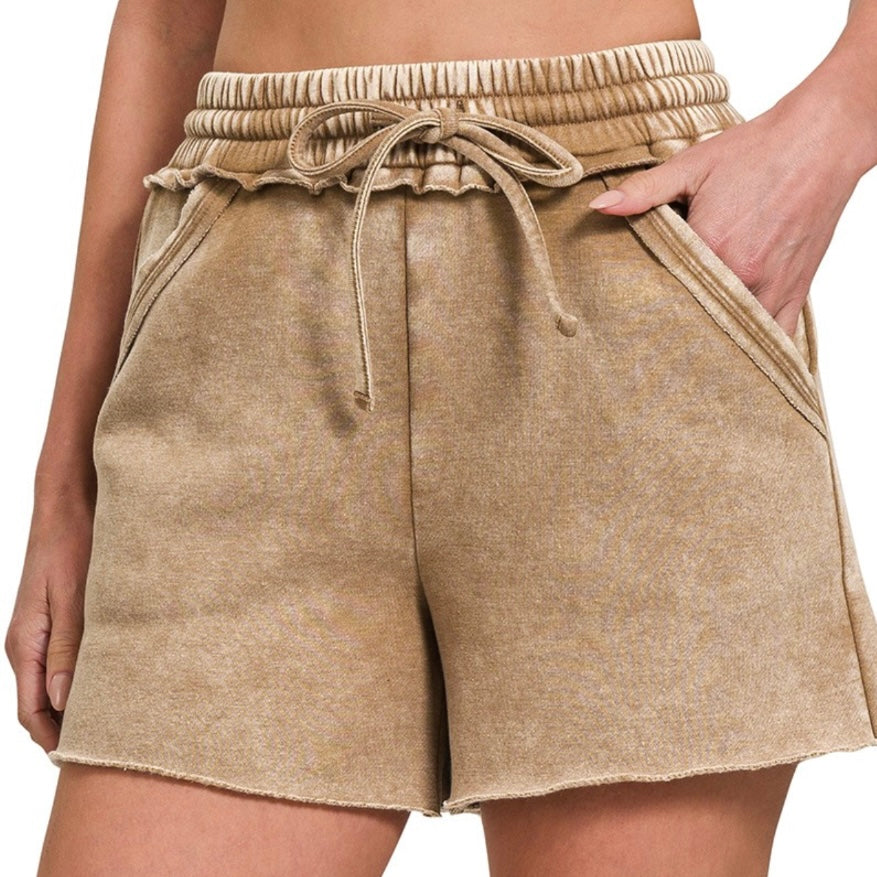 Deep Camel Acid Wash Fleece Shorts