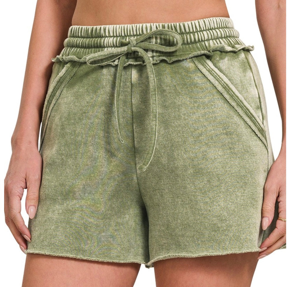 Light Olive Acid Wash Fleece Shorts