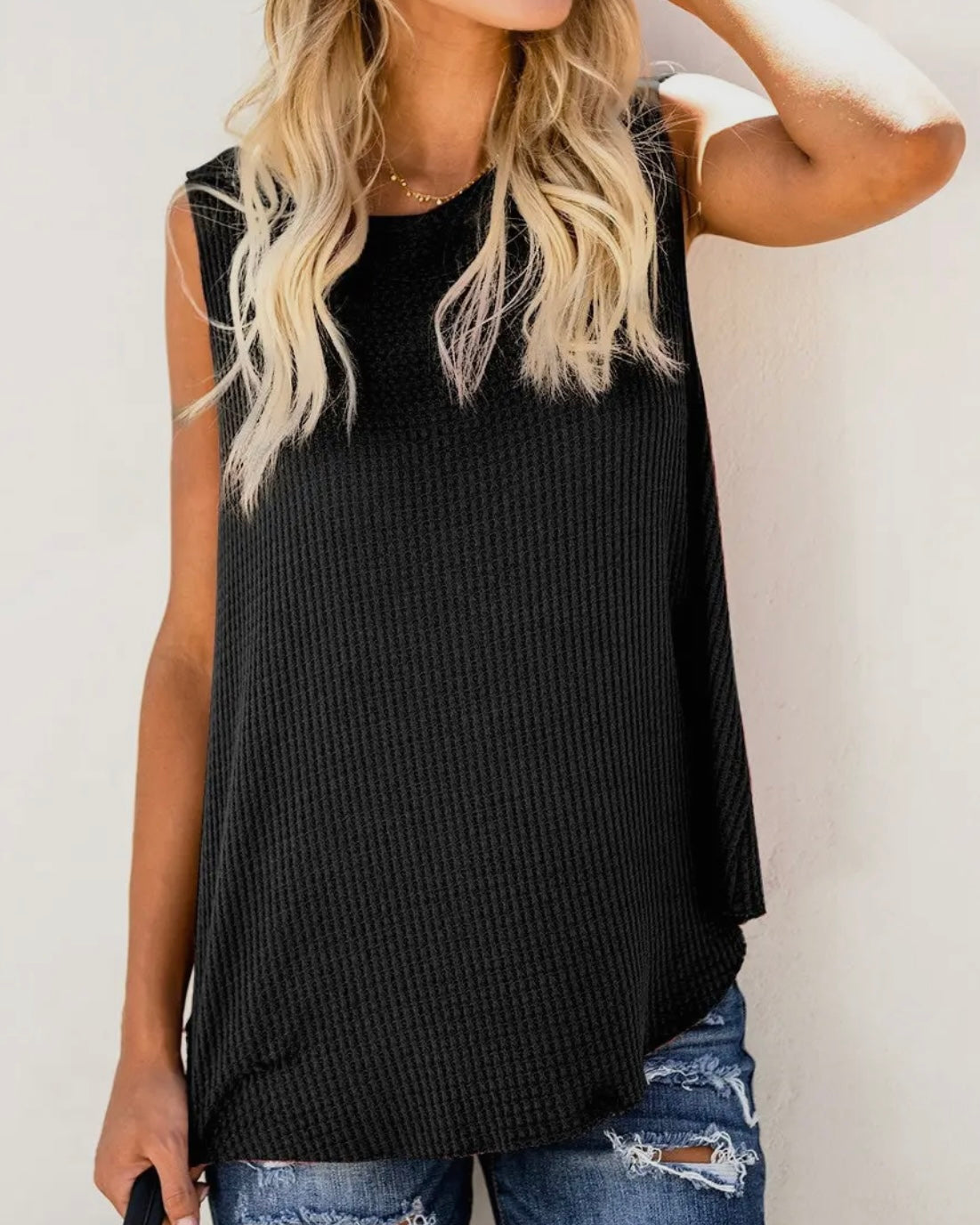 Everyday Sleeveless Waffle Top - Black