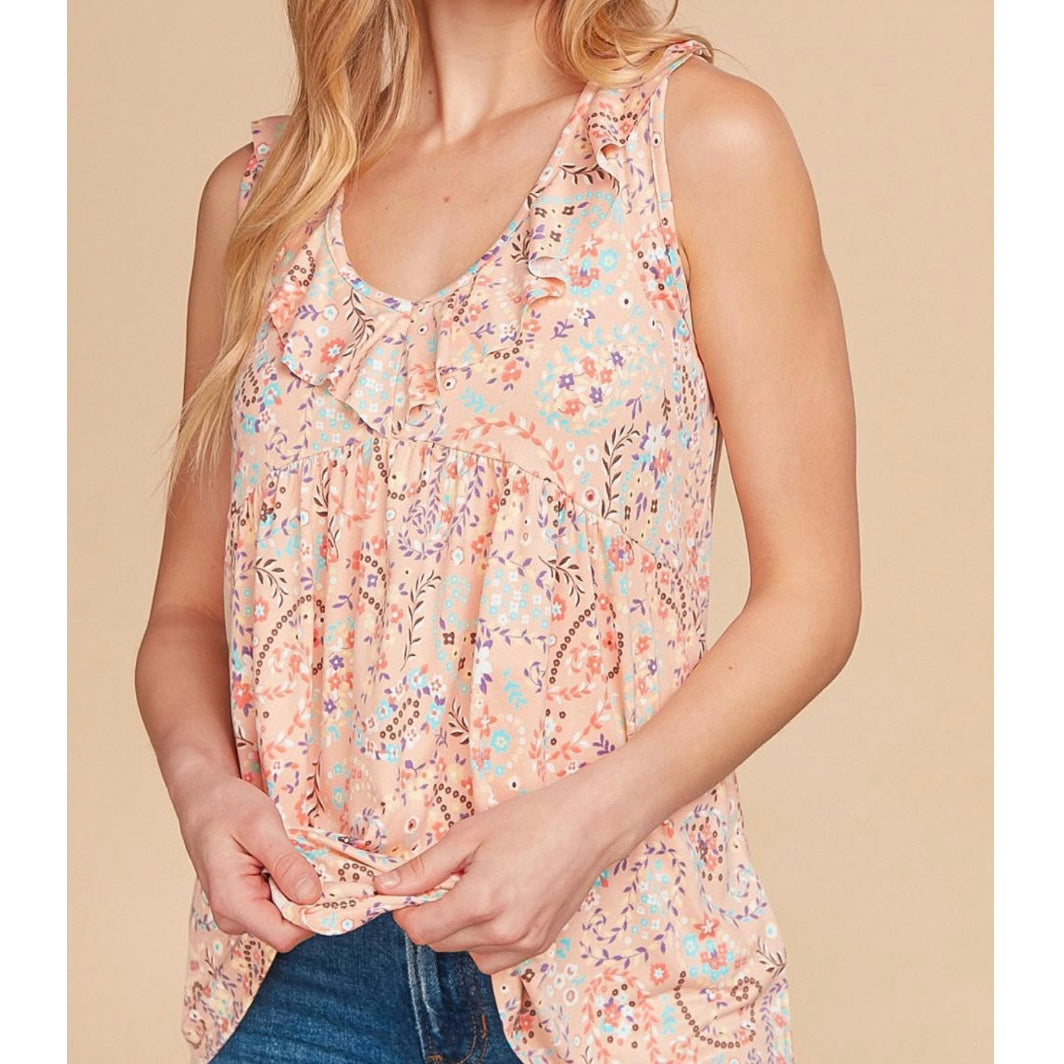 Peach Floral V-Neck Sleeveless Top