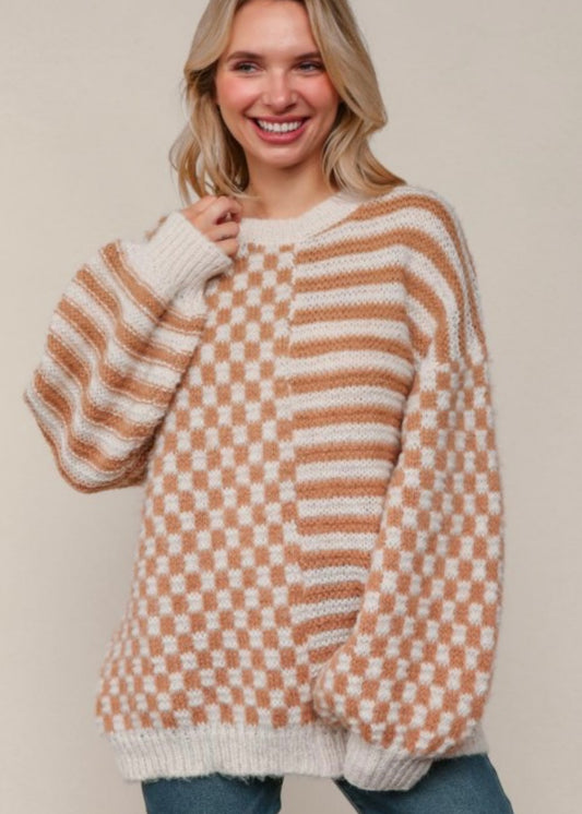 Taupe & Oatmeal Oversized Checker Stripe Colorblock Sweater