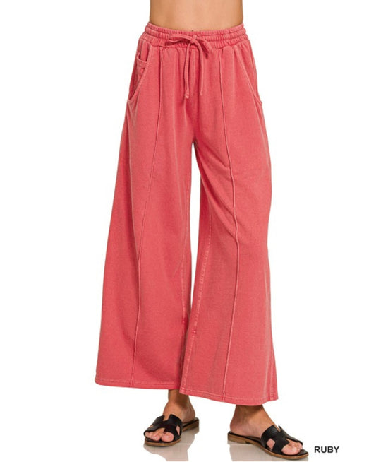 French Terry Wide Leg Pants - Ruby