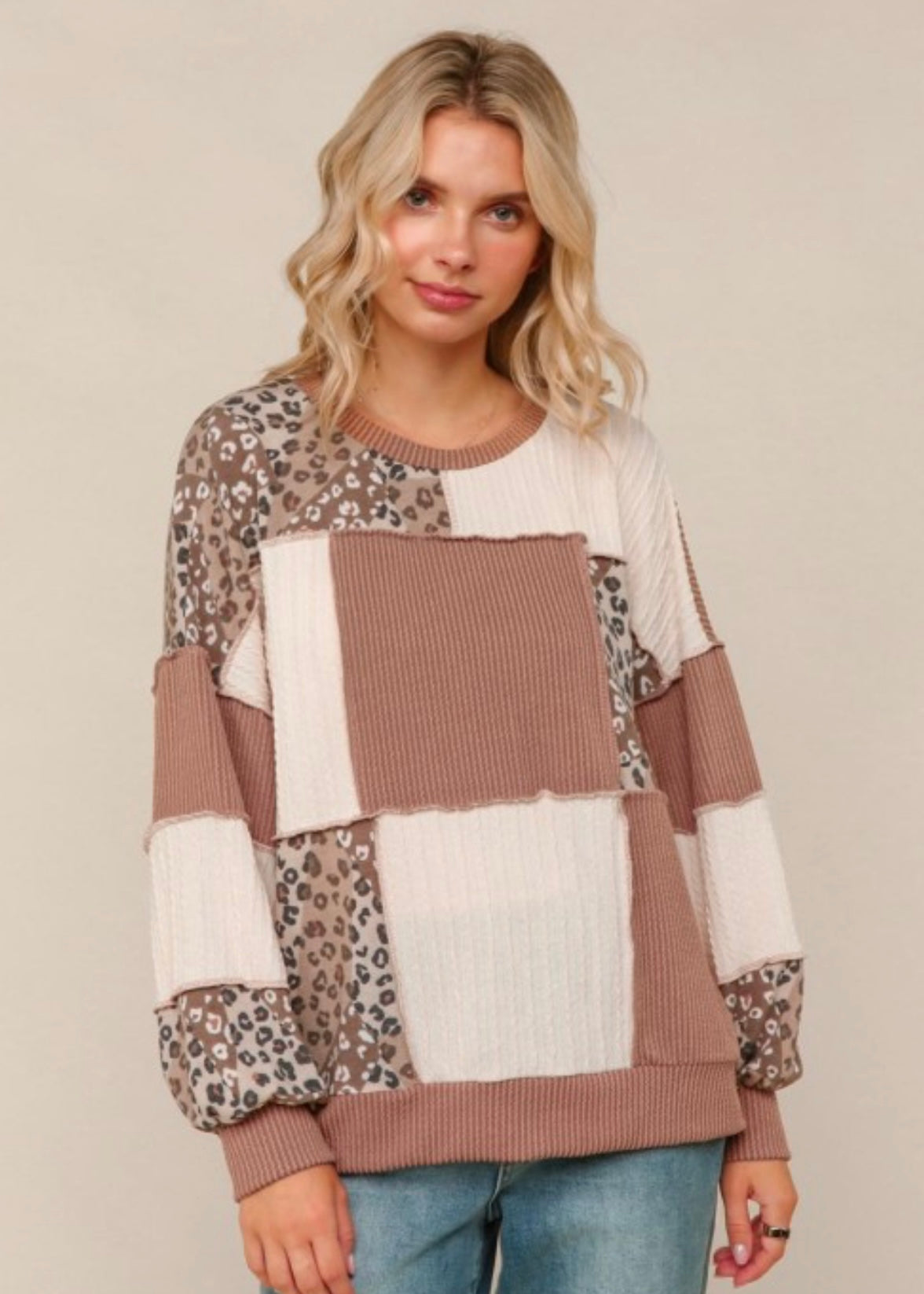 Leopard and Taupe Colorblock Rib Cable Knit Top