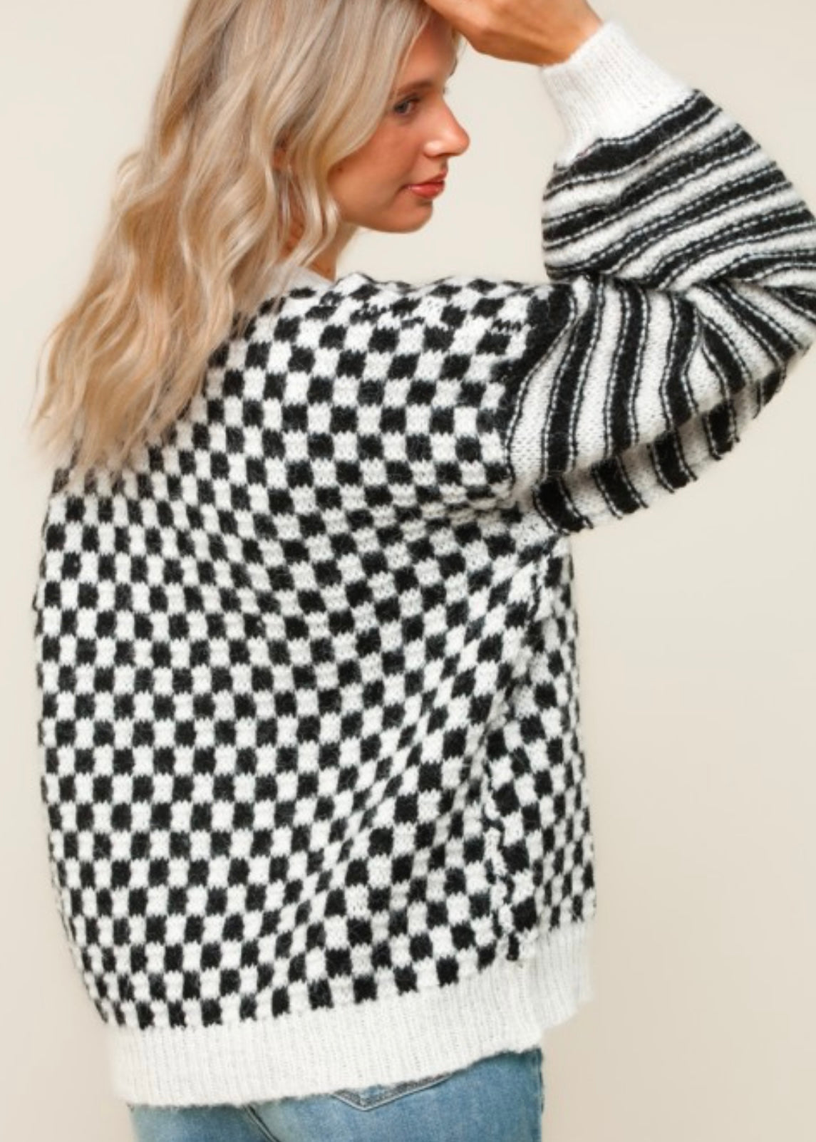 Black & White Oversized Checker Stripe Colorblock Sweater