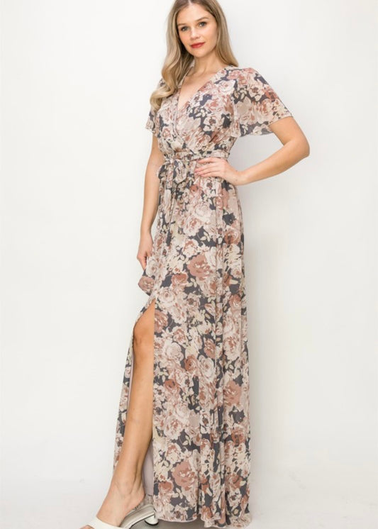 Chiffon Floral Wrap Front Slit Maxi Dress in Mauve