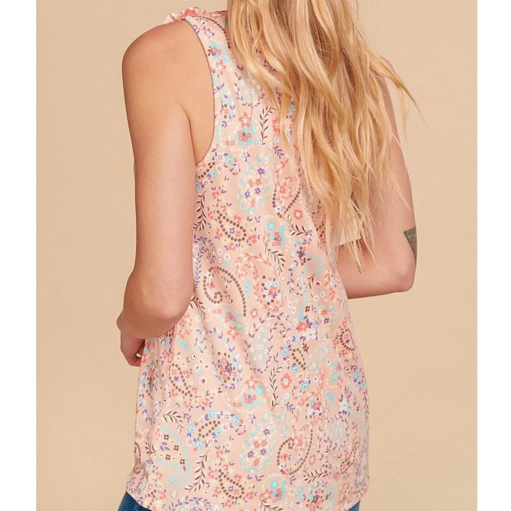 Peach Floral V-Neck Sleeveless Top