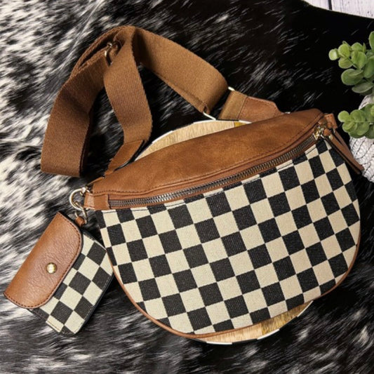 Checkered Camel Duo Crossbody Sling Bag & Wallet
