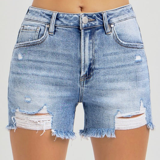 Risen High Rise Distressed Denim Shorts