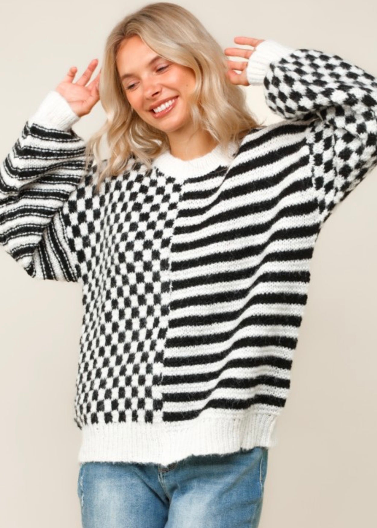 Black & White Oversized Checker Stripe Colorblock Sweater